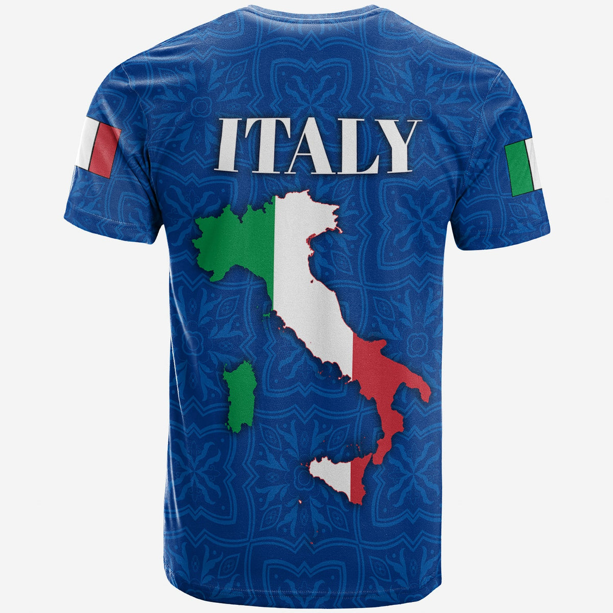Blue Italy T-shirt with flag-colored Italy map, ITALY text, and flag sleeve patches