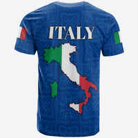 Blue Italy T-shirt with flag-colored Italy map, ITALY text, and flag sleeve patches