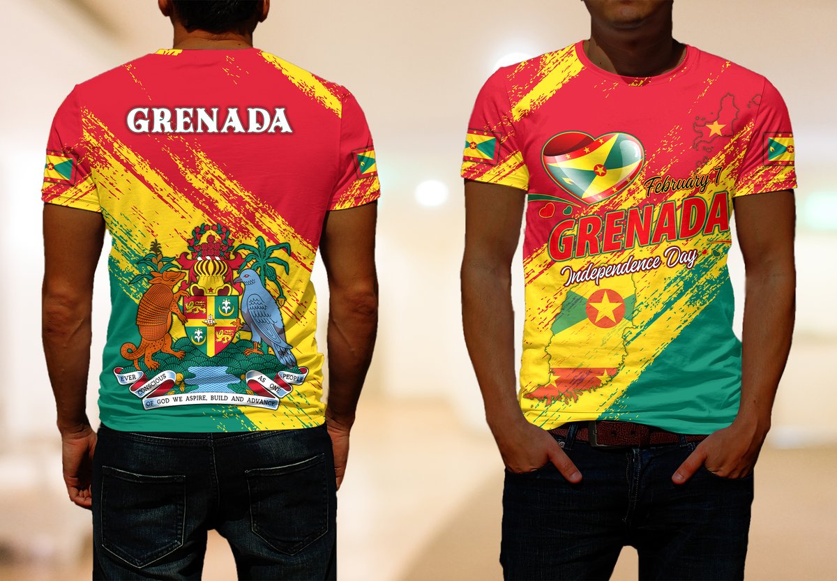 Red, green, yellow Grenada Independence Day T-shirt with front and back prints