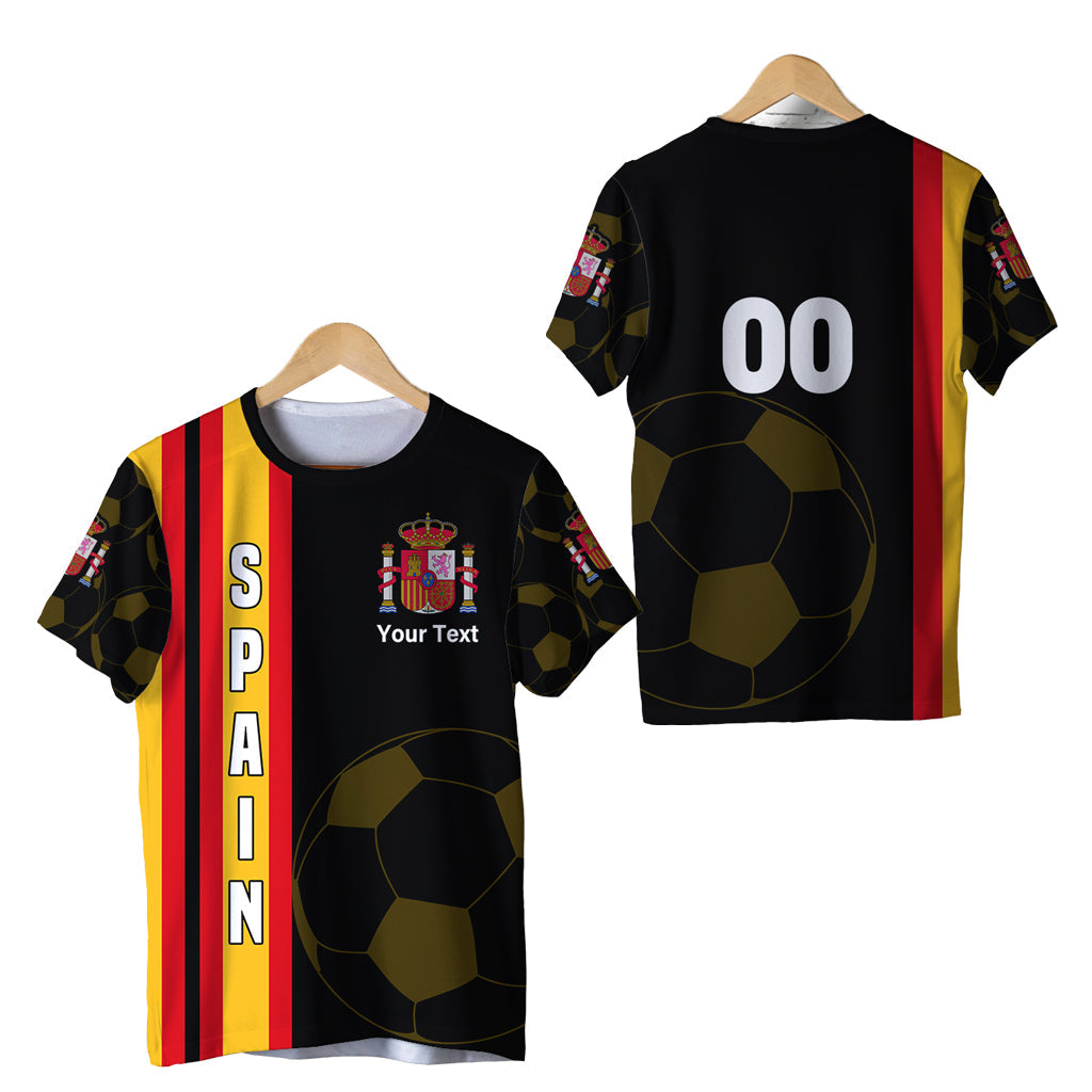 Black Spain football T-shirt with vertical SPAIN stripe and ball print sleeves