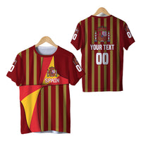 Camiseta roja con rayas verticales y escudo España; texto personalizado 'YOUR TEXT' y '00'.