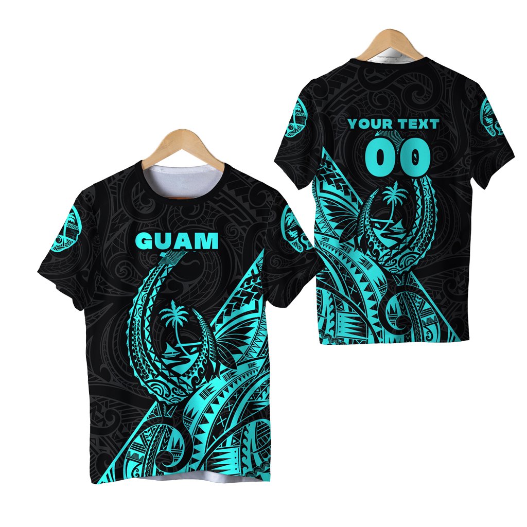 Custom Rugby T-shirt nero con motivo polinesiano turchese, davanti GUAM e dietro 00