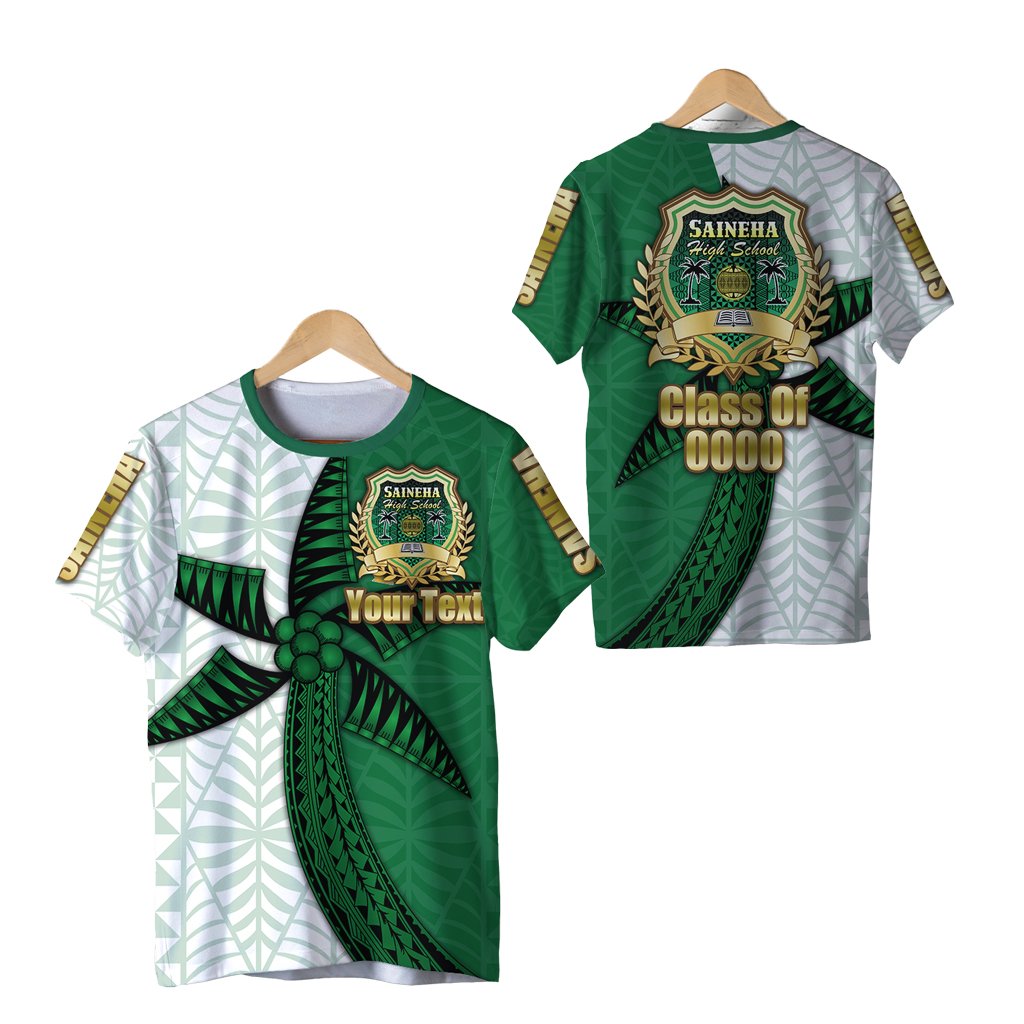 Green custom t-shirt with tropical leaf pattern and school crest, front and back