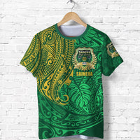 Green Polynesian T-shirt front, ornate tribal print with Saineha High School crest