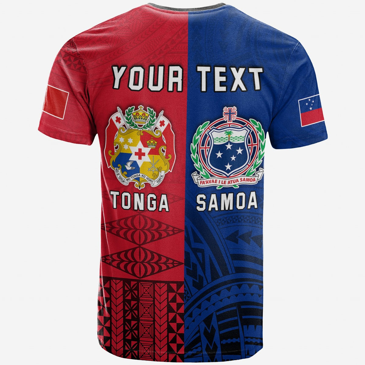 T-Shirt rot-blau mit geteilter Tonga- und Samoa-Grafik und „YOUR TEXT“