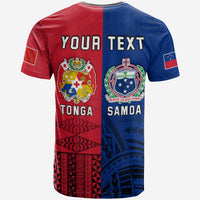 T-Shirt rot-blau mit geteilter Tonga- und Samoa-Grafik und „YOUR TEXT“
