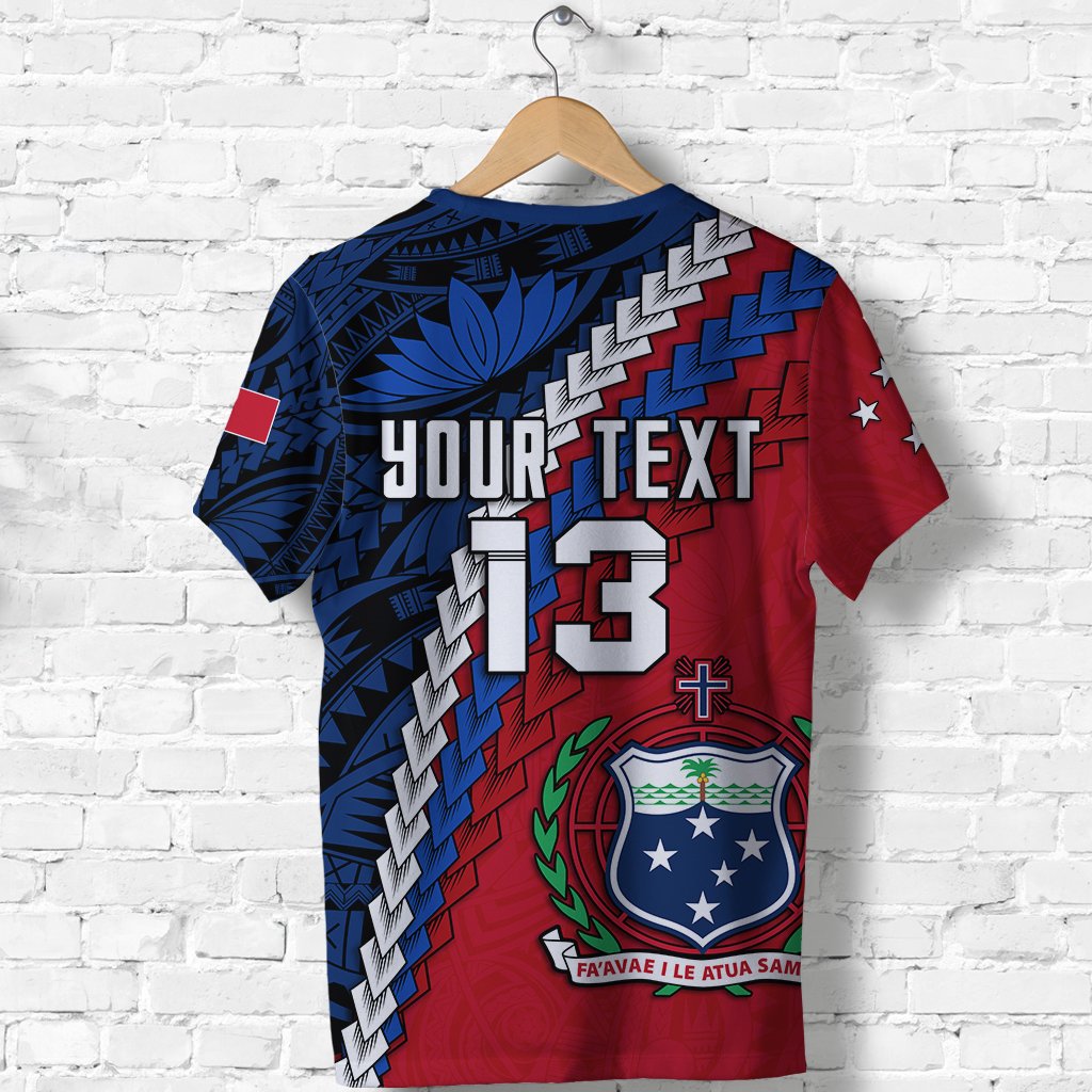 Samoa T-shirt red and blue with "YOUR TEXT" and "13" plus shield crest