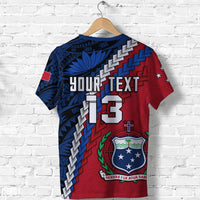 Samoa T-shirt red and blue with "YOUR TEXT" and "13" plus shield crest