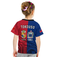 Kids TokoUso T-shirt back graphic with Tonga and Samoa logos, red/blue diagonal