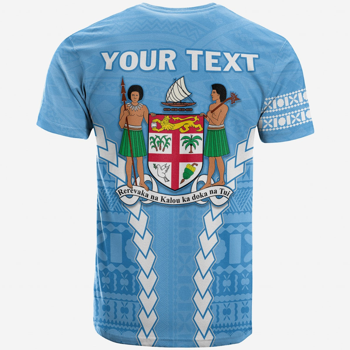 Camiseta azul con “YOUR TEXT”, escudo Fiji y dos figuras polinesias en la espalda