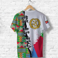 White custom T-shirt back with Eritrea pattern, knot silhouettes and gold tree emblem
