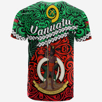 Green Vanuatu T-shirt, back view with crest and warrior medallion design
