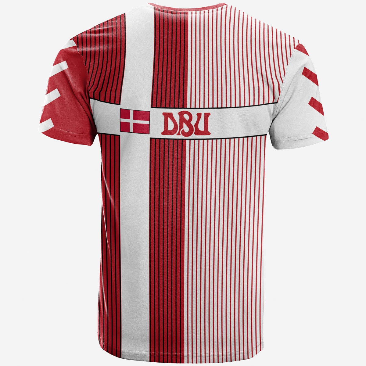 Denmark football T-shirt back with red-and-black vertical stripes and “DBU” logo