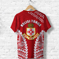Red Tonga T-shirt back print with large white text and crest emblem