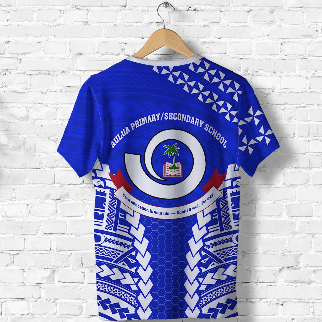 Blue school T-shirt back with large circular emblem and white geometric trim