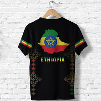 Black T-shirt back with Ethiopia map emblem, 'ETHIOPIA' text, and flag stripe sleeves