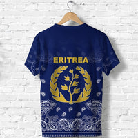 Navy Eritrea T-shirt back view with gold tree emblem and paisley border, multicolor print