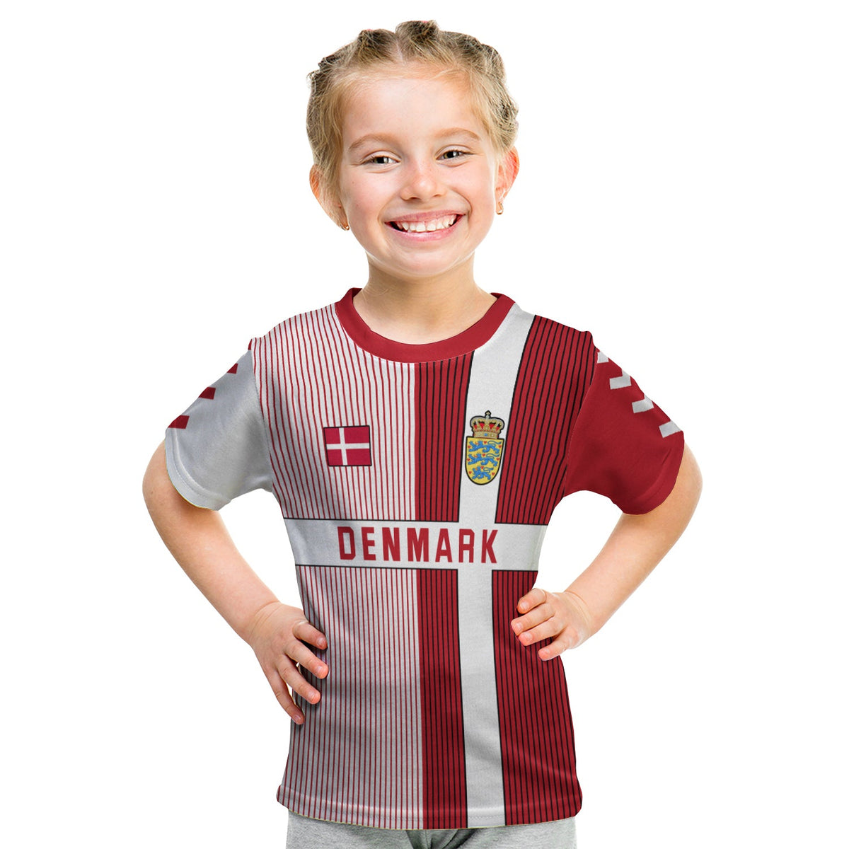 Kids Denmark football tee with red/gray vertical stripes, crest and DENMARK text