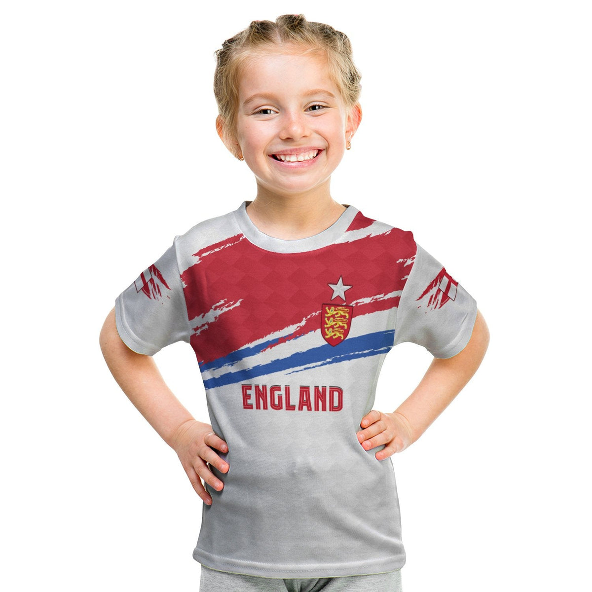 Kids England football T-shirt with red, white, and blue graphic and “ENGLAND” text