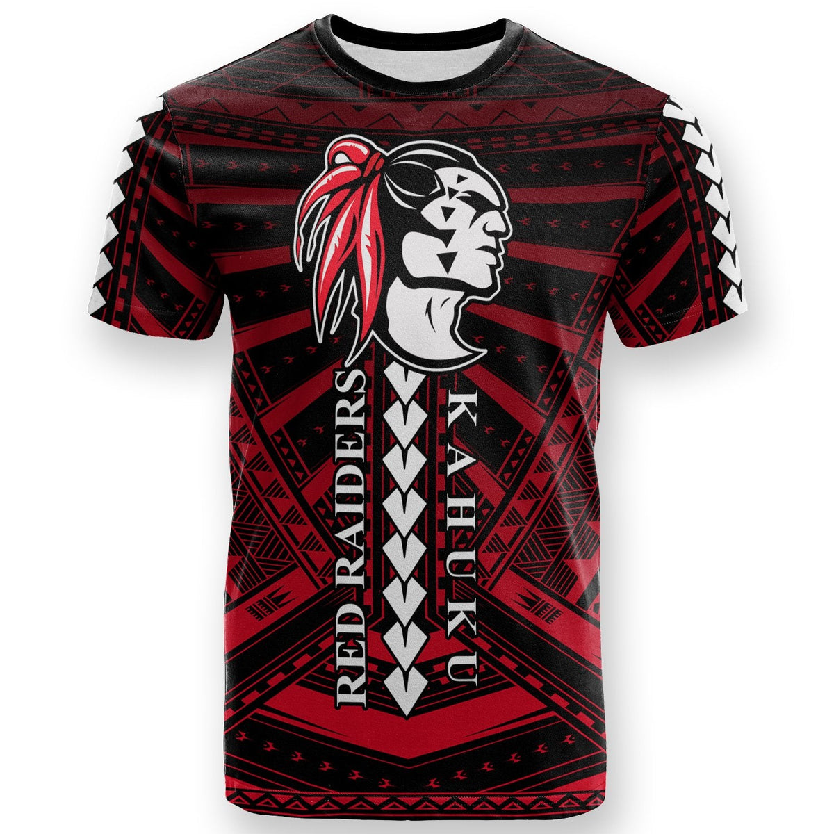 Red/black tribal Raiders graphic T-shirt, front logo and vertical text