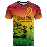 Red T-shirt with front graphic: “Your Text” Independence Anniversary and island scene