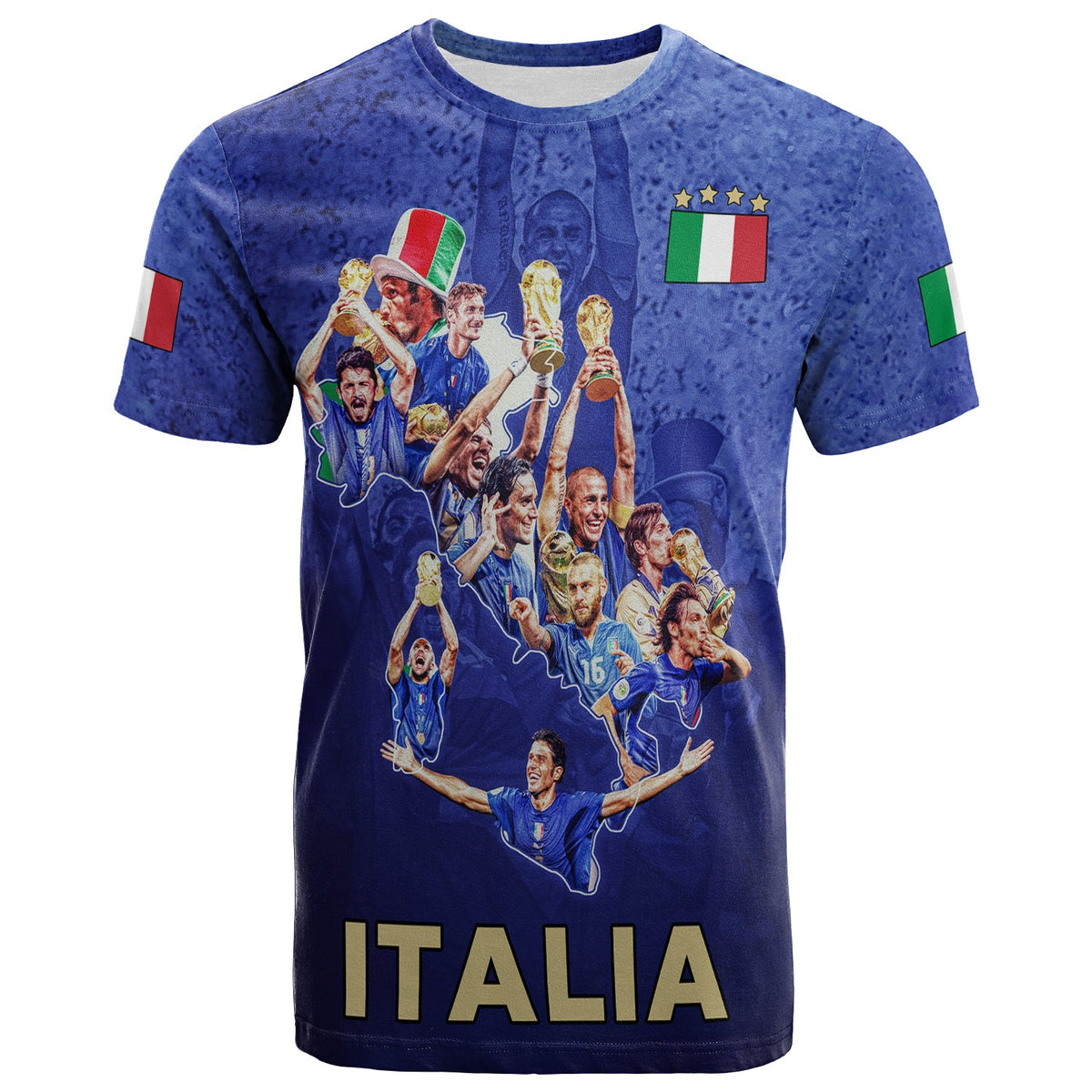 Blue Italia T-shirt with football player graphic, flag badge and ITALIA print