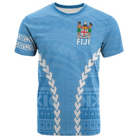 Light blue Fiji graphic T-shirt with crest and vertical white geometric trim