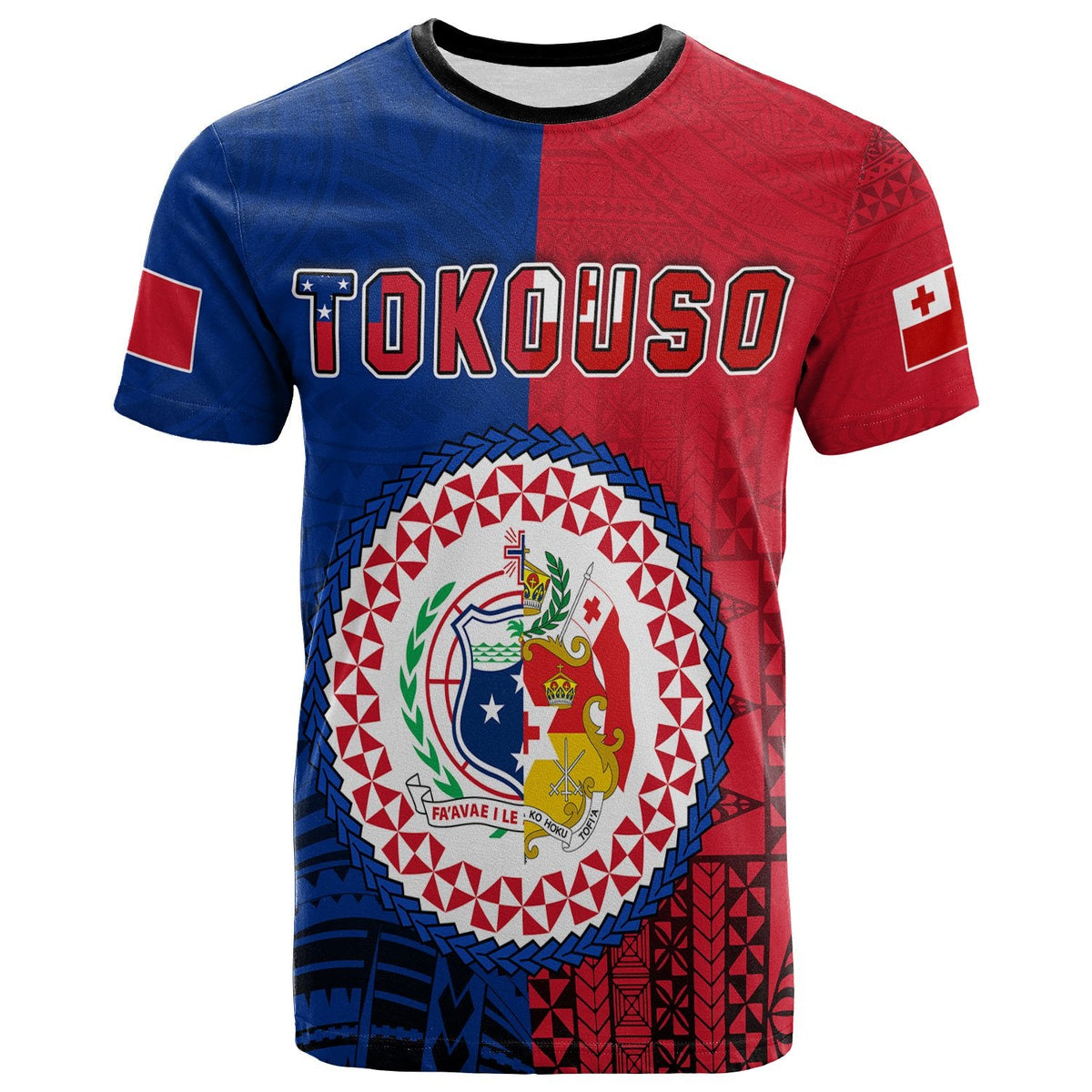 T-Shirt rot-blau mit großer „TOKOUSO“-Schrift und Tonga/Samoa-Emblem