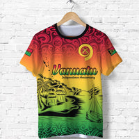 Vanuatu Independence Anniversary T-shirt in red-to-green gradient, front landscape and boat graphic