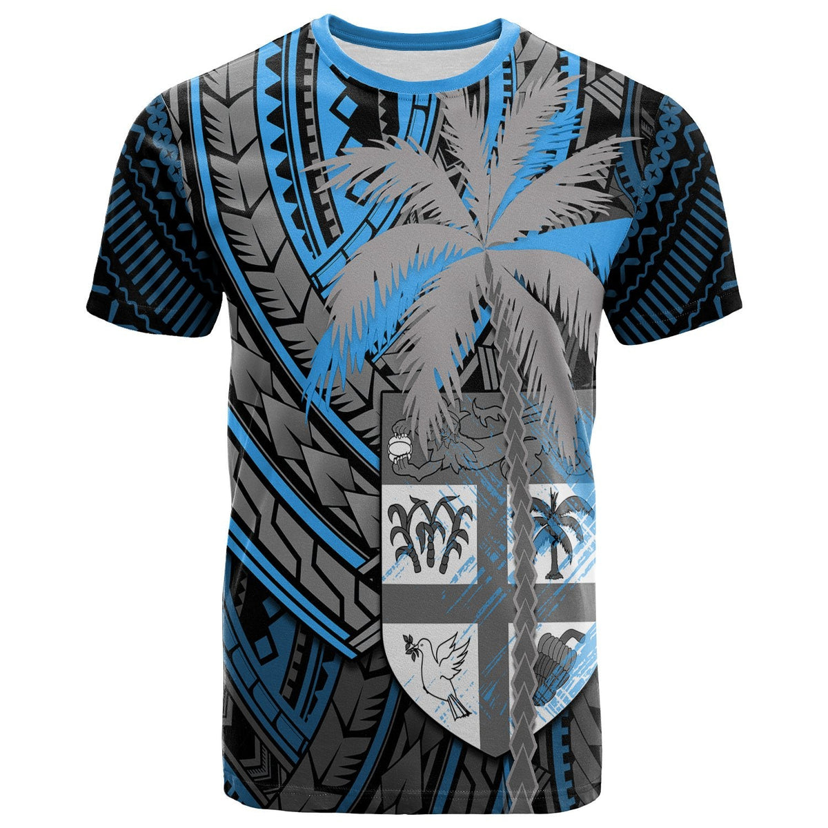 Blue-trimmed graphic T-shirt with palm print, tribal stripes, round neck