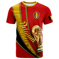 Red football T-shirt with Belgium crest and yellow diagonal sash design
