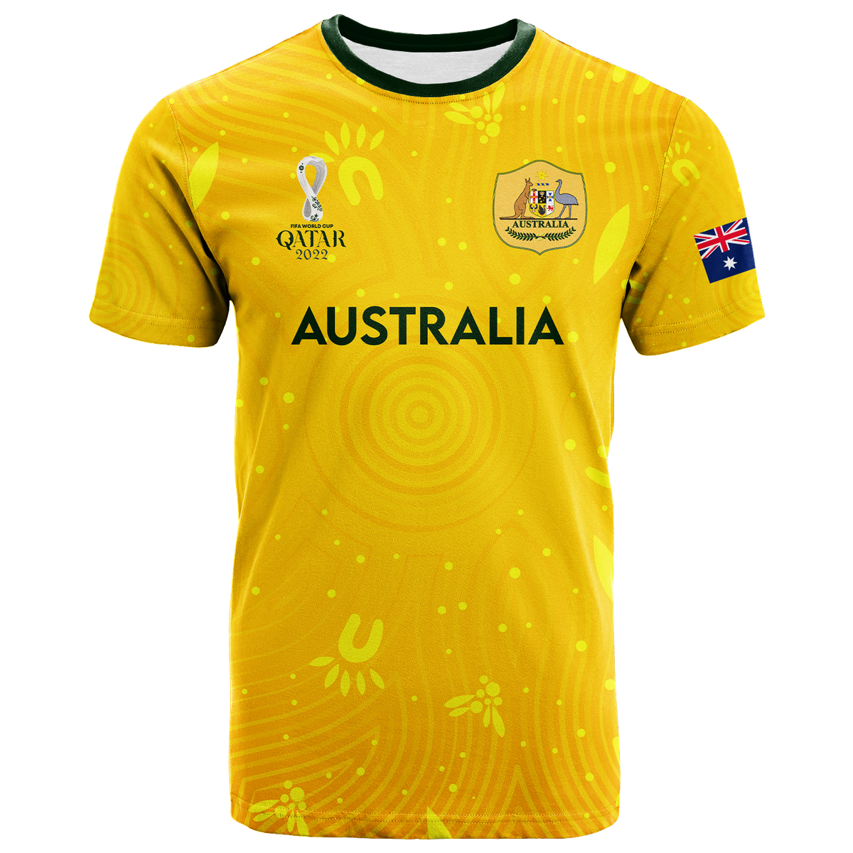 Yellow Australia football T-shirt with green trim, front crest and AUSTRALIA print