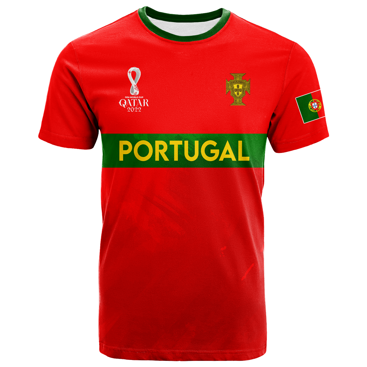 Red Portugal football T-shirt, green collar, front Portugal band and crest