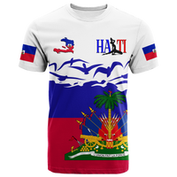 White T-shirt with Haitian map, flag sleeves, and Independence graphic front
