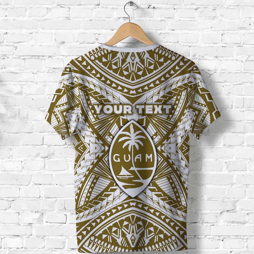 Back of white Guam rugby T-shirt with gold patterns, 'YOUR TEXT' and Guam crest