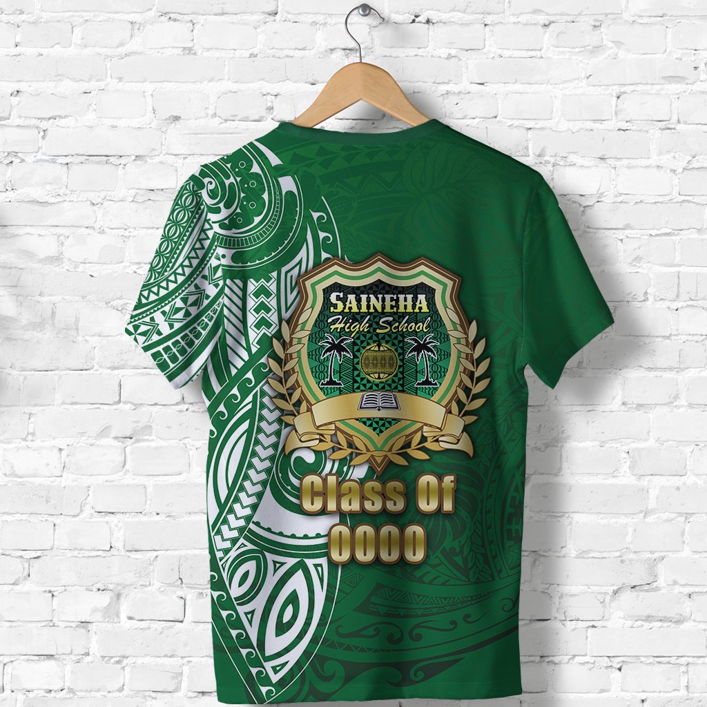 Green T-shirt back design with 'Class of 0000' and school crest print