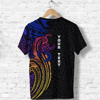 Black T-shirt back view with large Polynesian wave print and “YOUR TEXT” lettering