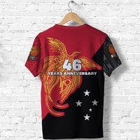Back view: '46 Years Anniversary' gold tribal animal on red/black T-shirt with stars
