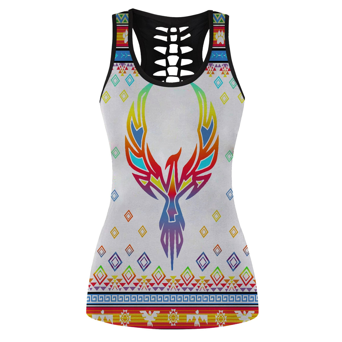 Multicolor women's hollow tank top with black racer back and phoenix Native print