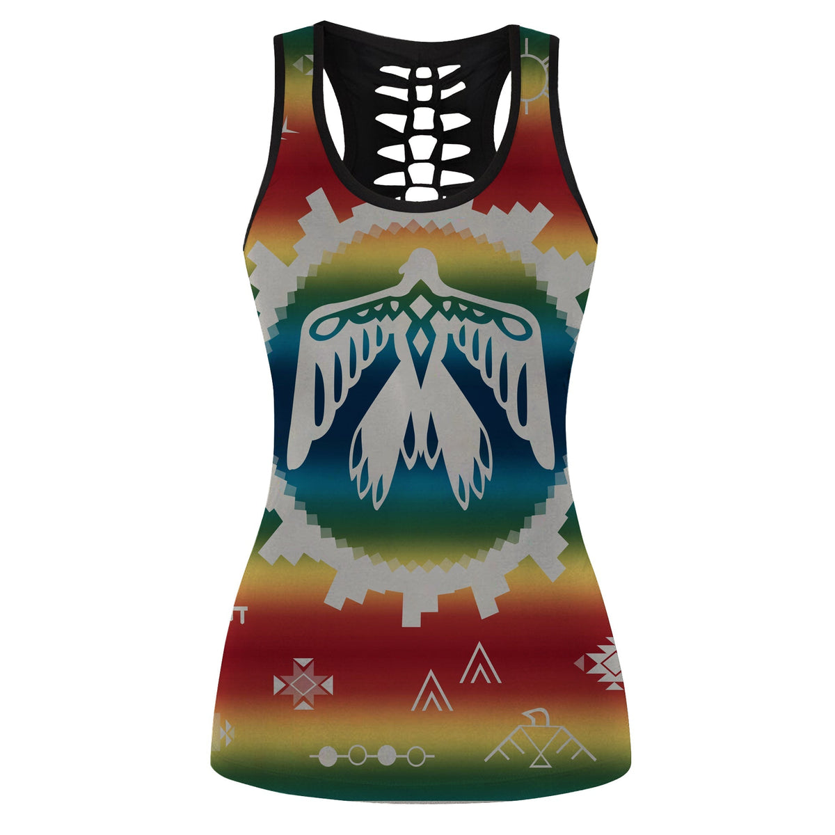 Multicolor Native American graphic hollow tank top with black trim