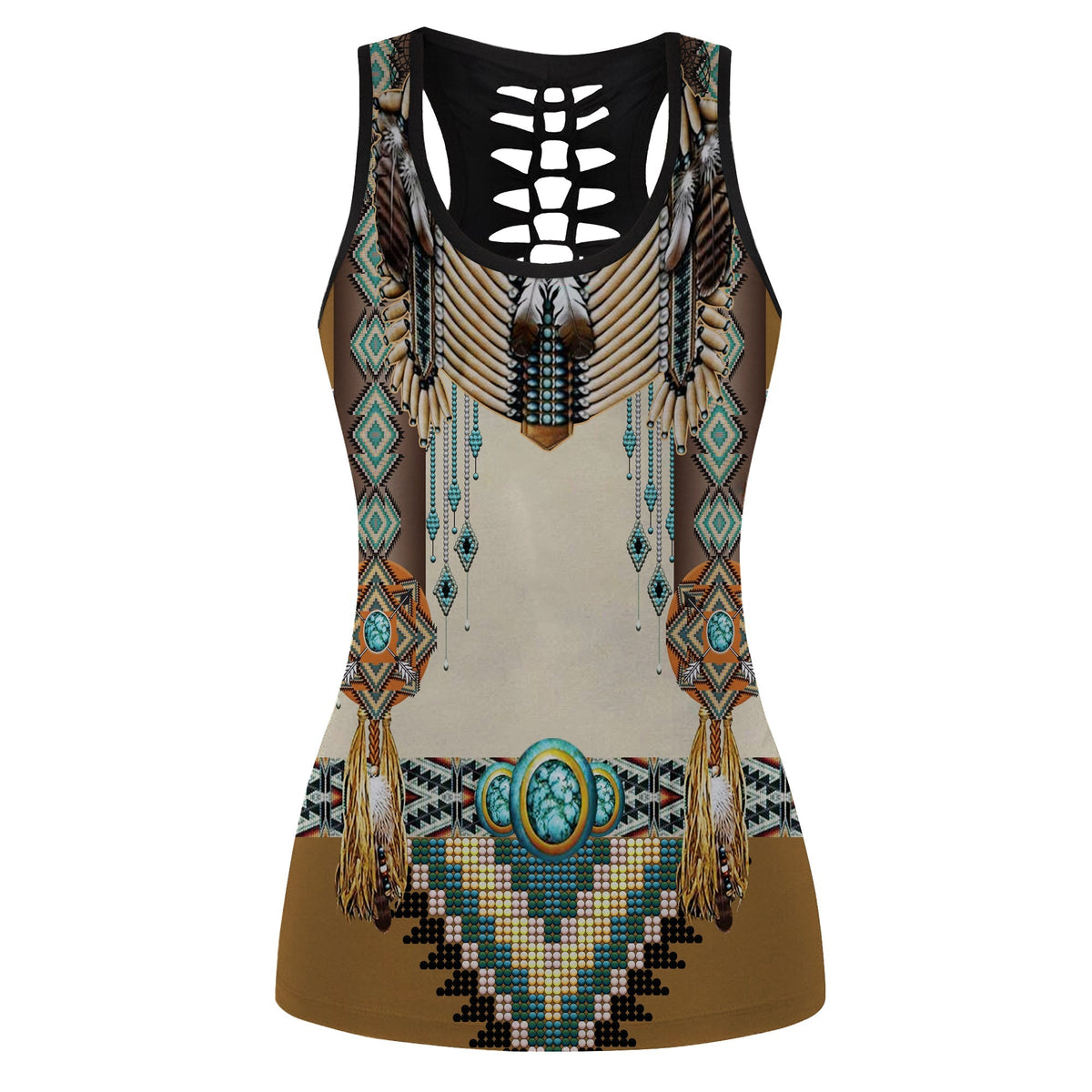 Brown Native American print hollow tank top with lace-up chest and bead fringe