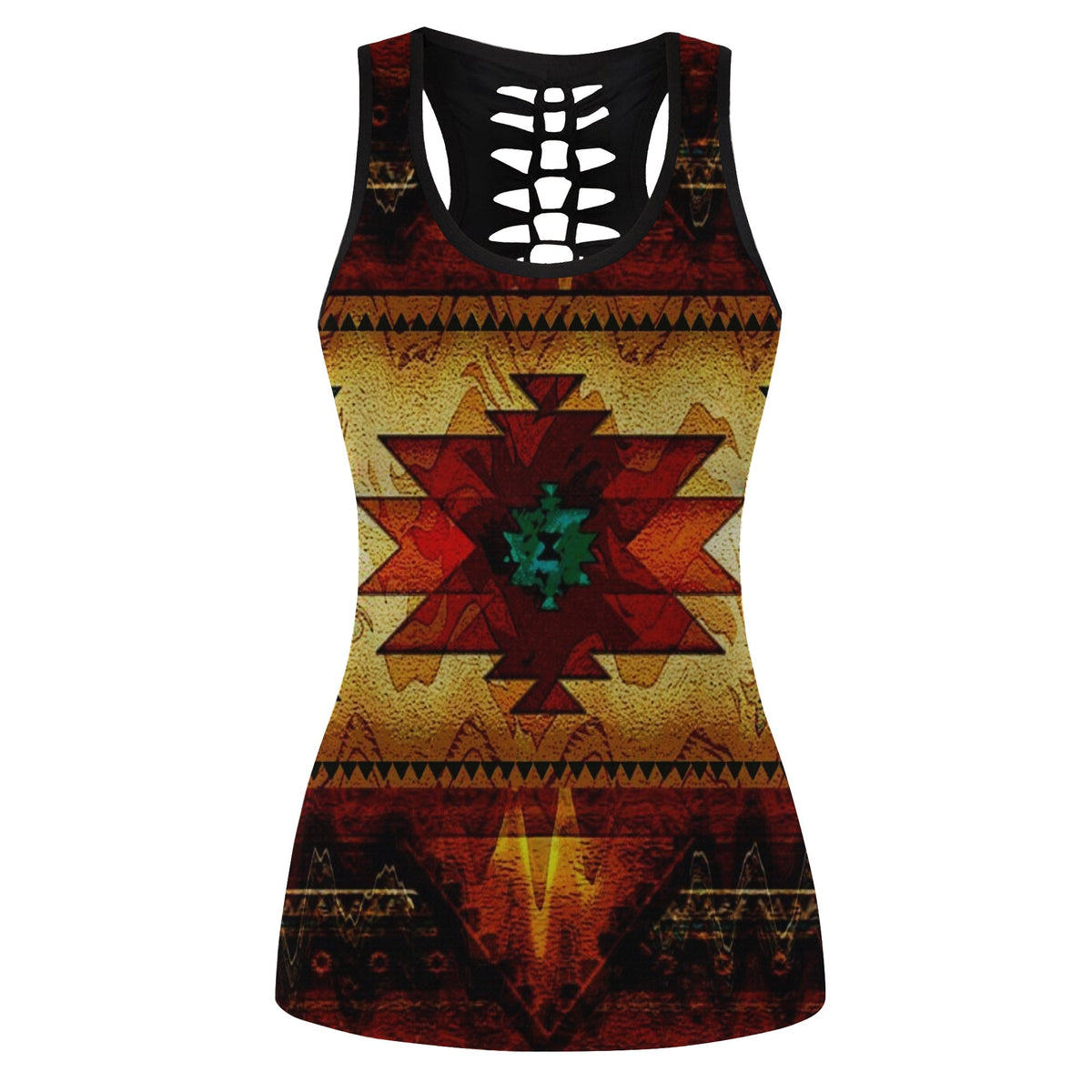 Women’s hollow tank top with black neck and colorful Native American geometric print