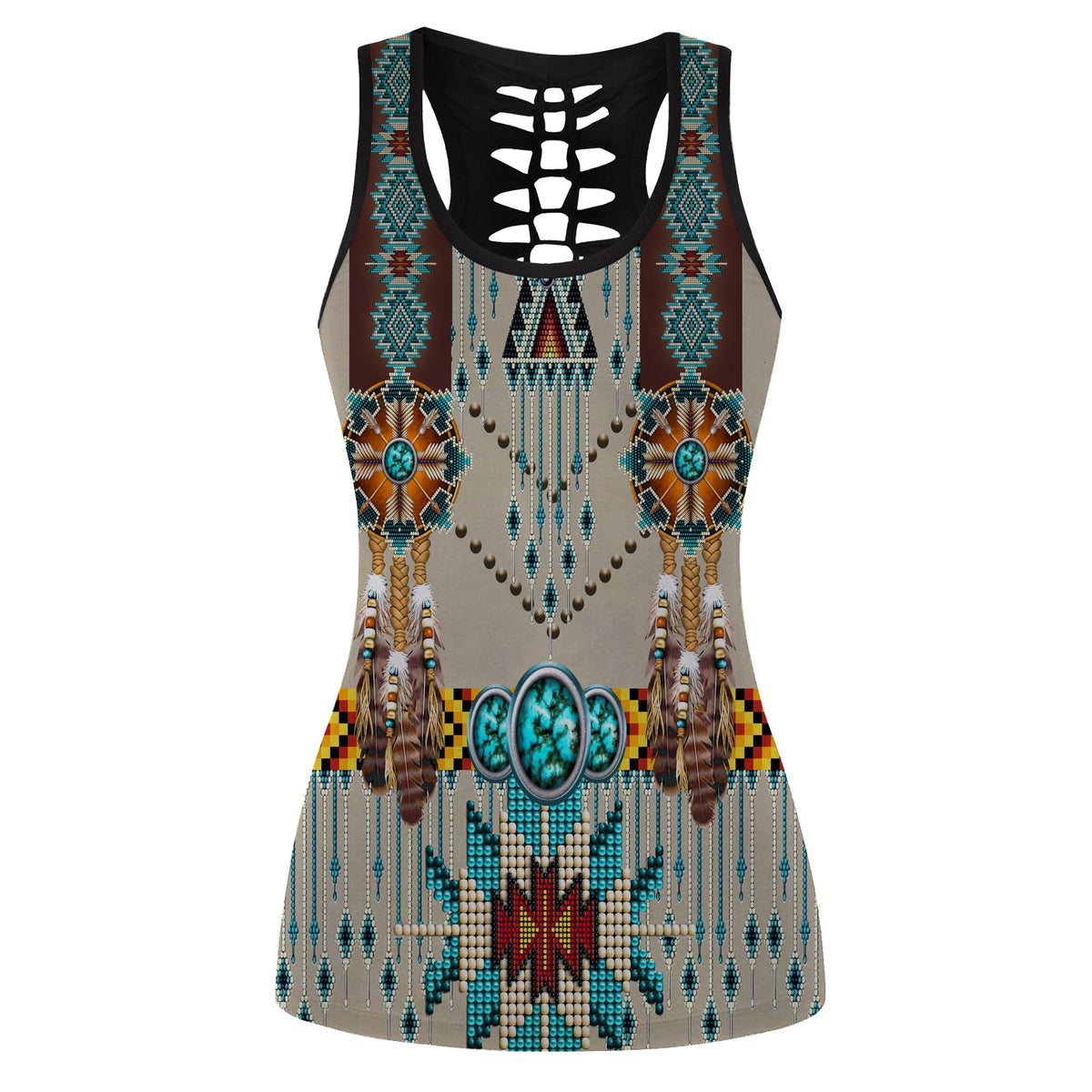 Turquoise blue patterned hollow breastplate tank top with black cutout chest
