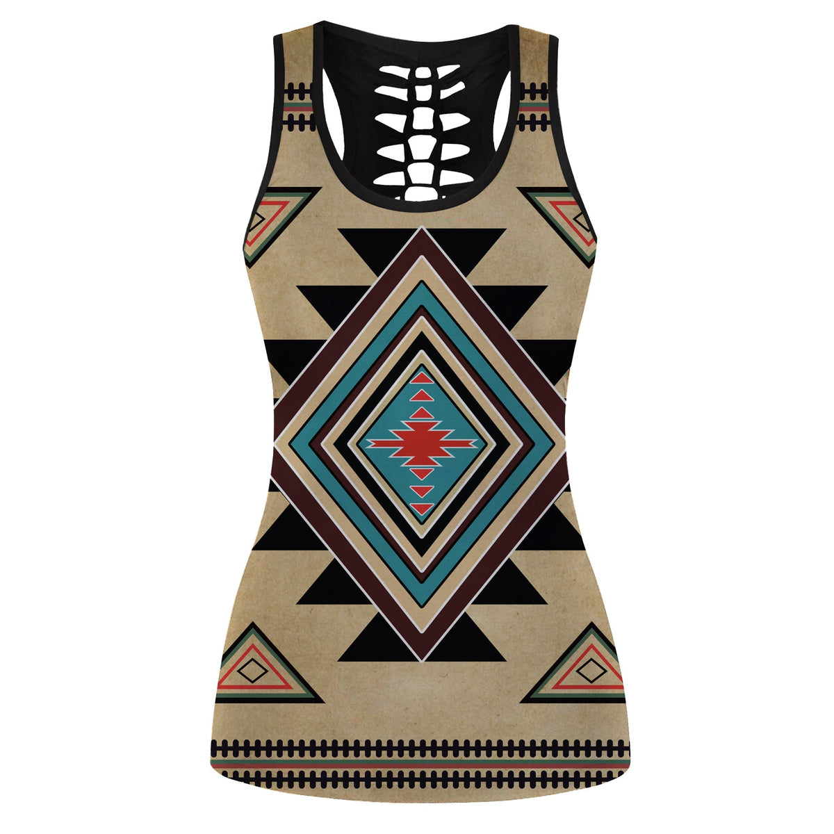 Black hollow tank top with large southwestern geometric Native symbol print, colorful trim