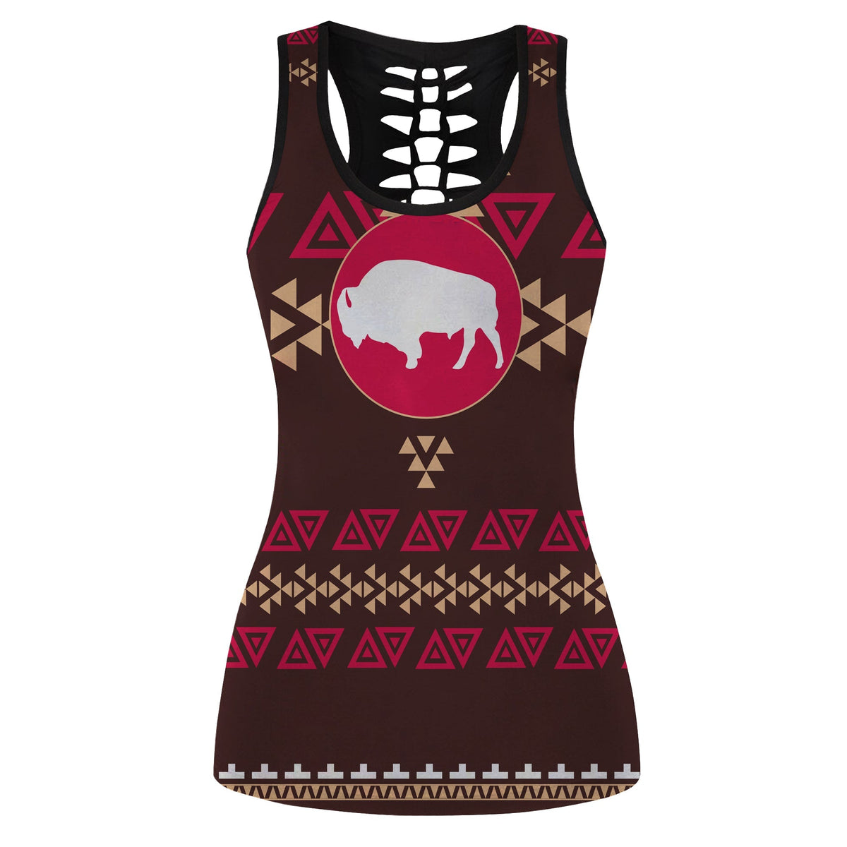Damen-Hollow-Tanktop, Tribal-Muster und Bison-Silhouette, dunkelbraun, 3D-Print
