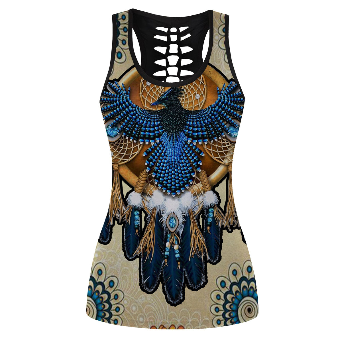 Women's hollow tank top, blue multicolor Native thunderbird print on black