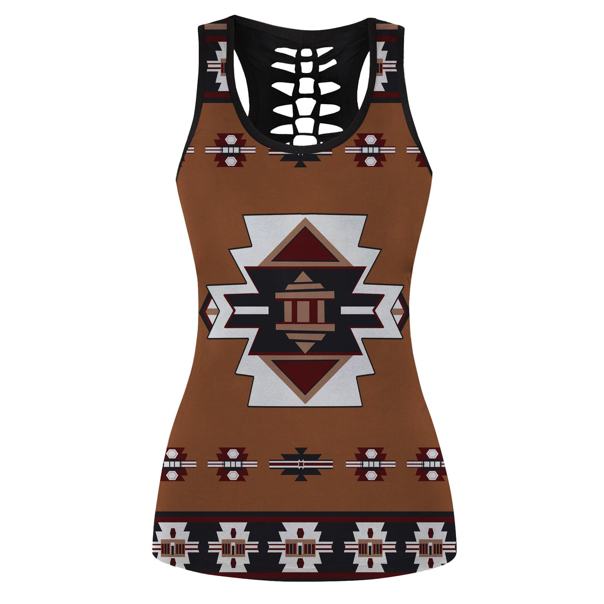 Women’s sleeveless tank top with black scoop neck and colorful Native tribal front print
