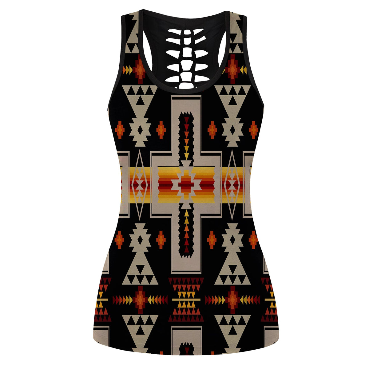 Black hollow tank top with multicolor native geometric pattern and central ribcage graphic
