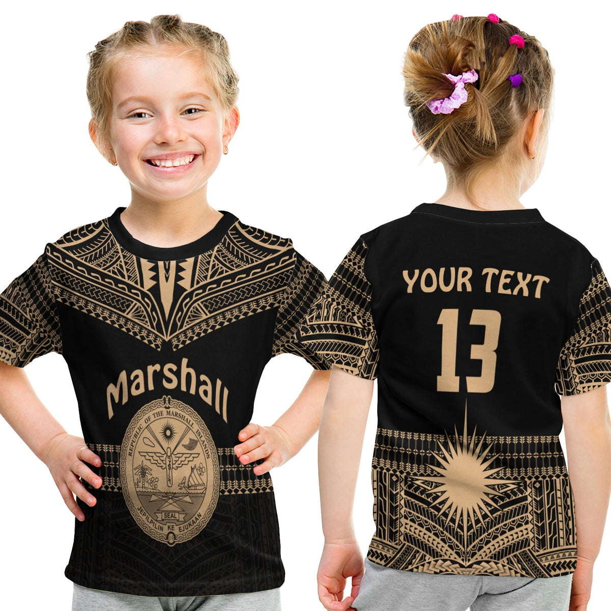 Kid T-Shirt schwarz mit goldenem Marshall-Wappen und Tribal-Muster