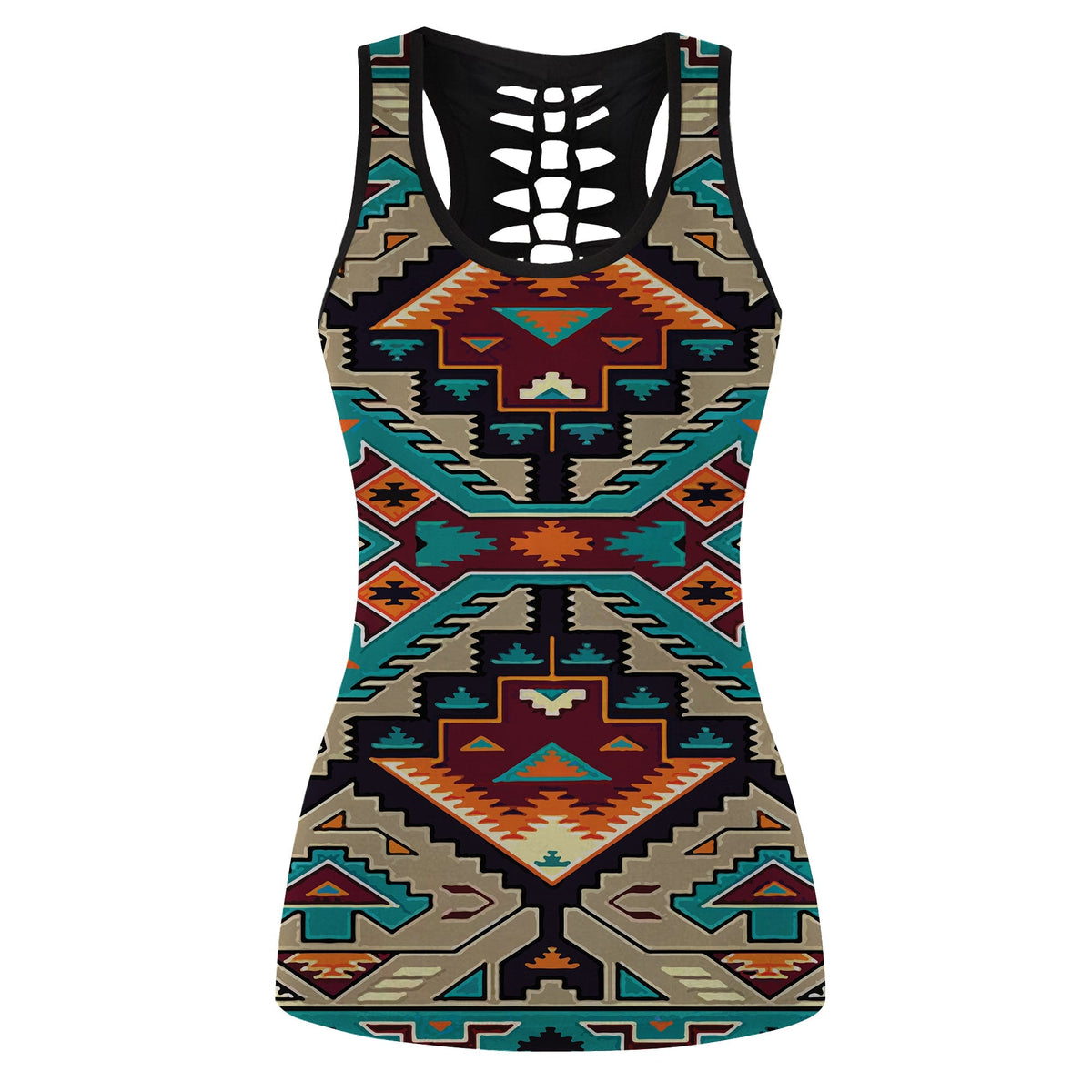 Women’s hollow tank top with Native-inspired geometric print, black with multicolor trim